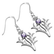 Large Thistle Silver Earrings w faceted Amethyst